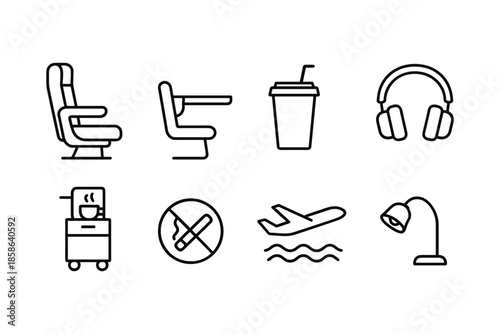Set of travel essentials icons in simple line art style