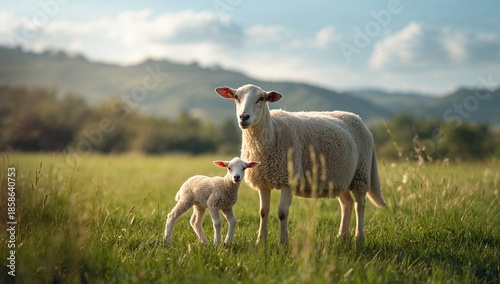 Ewe and lamb at a dairy farm in the North Okanagan, British Columbia, emphasizing livestock maintenance