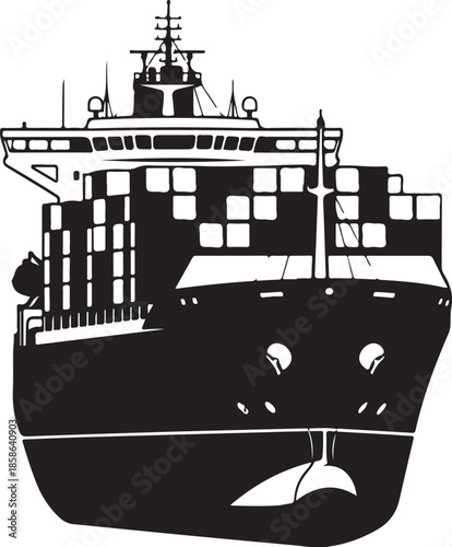 Black and white silhouette of a large cargo ship container ship