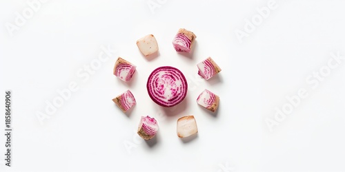 Taro cubes arranged on a wh...