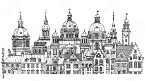 Complex historical city skyline with domes and steeples