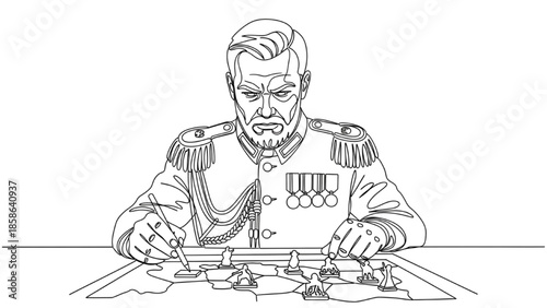 High-Quality Black Continuous Line Art of Commander Analyzing Map or Strategy Board