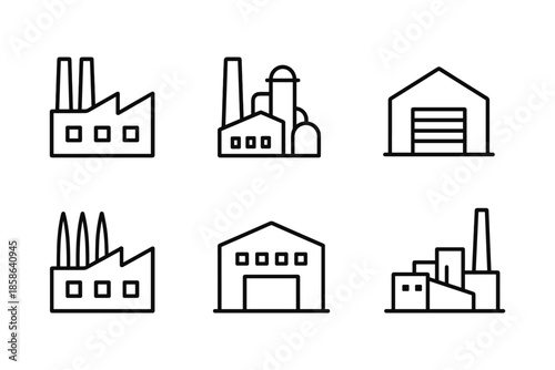 Set of simple industrial building icons with warehouse and factory designs