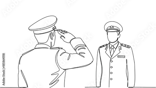 High-Quality Black Continuous Line Art of Officer Saluting a Higher-Ranking Official