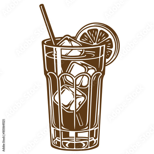 Vintage Brown drawing of a glass with ice cubes and a lemon slice on a transparent background