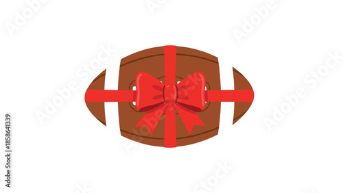 Traditional American football securely wrapped with a bright red festive ribbon and a prominent bow, perfectly presented as a thoughtful gift for a fan.