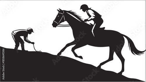 Jockey on Horse and Ground Staff on Hill Silhouette
