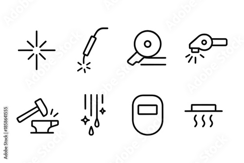 Minimalist icons set: welding tools and safety equipment for industrial applications