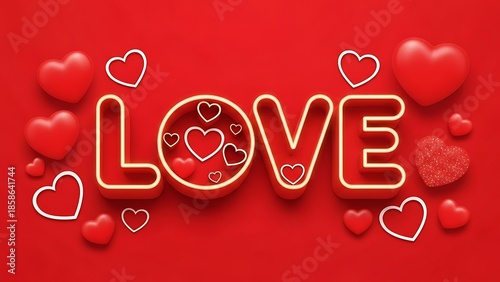 Valentines day love concept with hearts and glowing text on red background