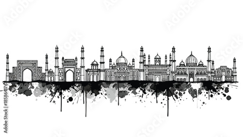 Abstract city skyline silhouette with watercolor ink splash and drip effect