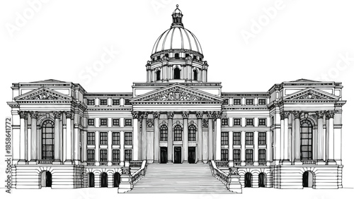 Symmetrical facade of a classical government building or neoclassical palace architecture