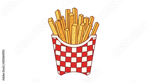 Classic portion of crispy golden French fries served in a charming red and white checkered paper cup, a quintessential fast-food presentation.