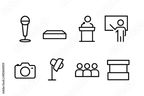 Minimalist outline icons for events and presentations: microphone, podium, camera, more