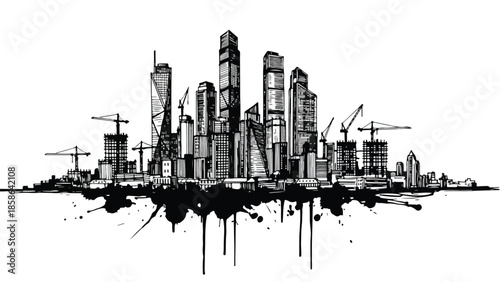 Artistic urban skyline sketch with black ink splatter and watercolor texture