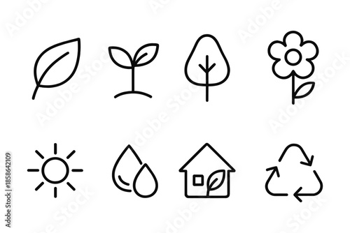 Minimalist linear eco icons: nature, sustainability, and green living concepts