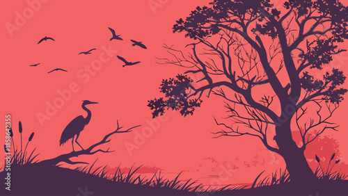 Vibrant Sunset Nature Silhouette: Heron, Tree, and Birds Flying in Tranquil Evening Landscape