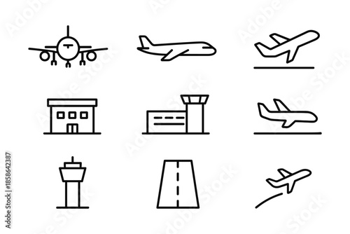 Minimalist airport icons set: airplanes, control tower, runway, terminal