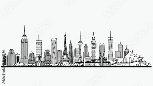 Minimalist linear arrangement of global city landmarks and modern buildings