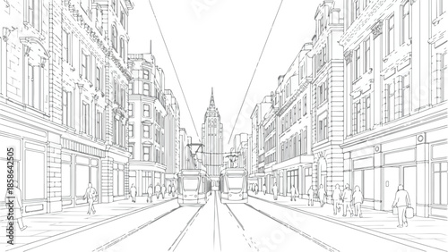 Vanishing point perspective of a grand city boulevard with classical facades