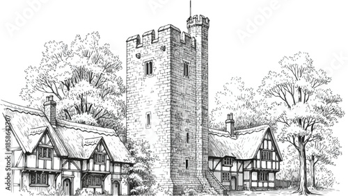 Sketch of a medieval castle tower with traditional half timbered houses