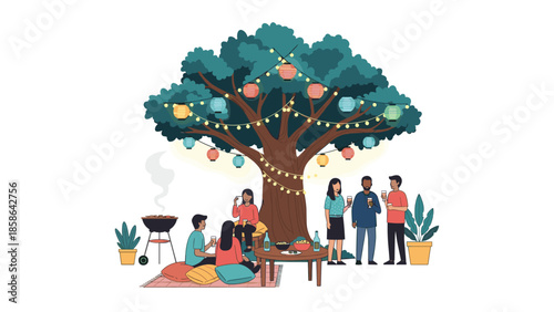 Lively group of friends enjoying an outdoor barbecue picnic under a majestic tree beautifully adorned with colorful lanterns and twinkling string lights, creating a festive atmosphere.