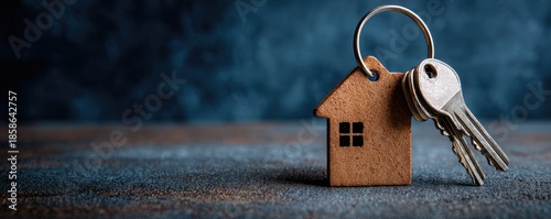Keys and a house-shaped keychain on a textured surface