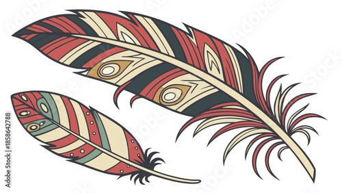Decorative Patterned Feathers Illustration Set - Stylized Art Elements on White