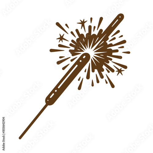 Vintage Brown firework sparkler with sparks and stars on white background  festive holiday decoration element