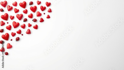 Valentine's Day design featuring hearts and ladybugs on a white backdrop, ideal for love-related text overlay