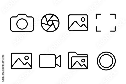 Camera and media icon set: minimalist black line symbols for photography and video