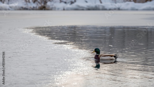Wild duck gliding over froz...