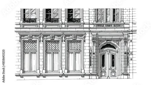 Close up architectural detail of a classical building facade with arched entrance