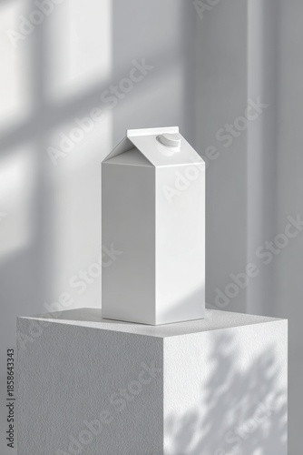 Minimalist white milk carton on a textured pedestal, illuminated by soft natural light in a serene setting. Milk carton mockup