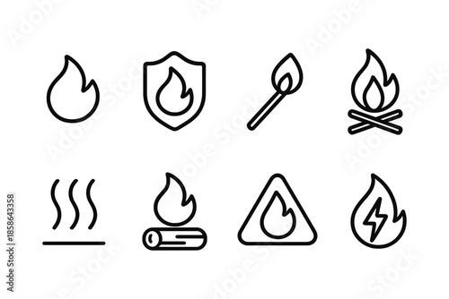 Line art fire icons with flames, matches, and safety symbols