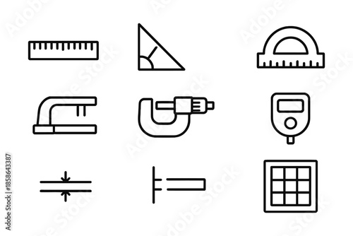 Precision measurement tools in linear icon set for technical design