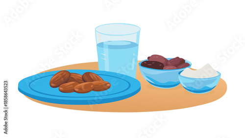 Traditional suhoor meal vector illustration with dates, water, and simple food before fasting begins.
