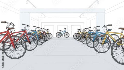 Abstract illustration of a spacious bicycle store with numerous bikes displayed prominently in rows, leading towards a single, distinct bicycle in the background.