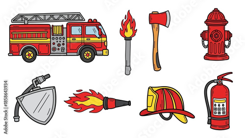 Collection of Firefighting Equipment and Tools in Cartoon Style.