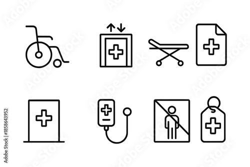 Medical line icons set featuring wheelchair, stretcher, and medical equipment symbols