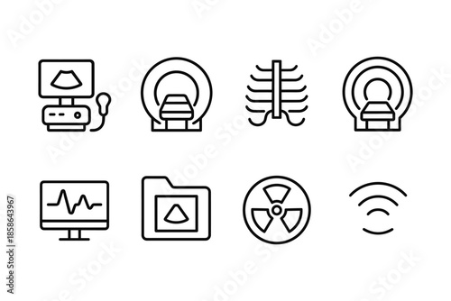 Linear medical scans icons: mri, ultrasound, x-ray and radiology symbols