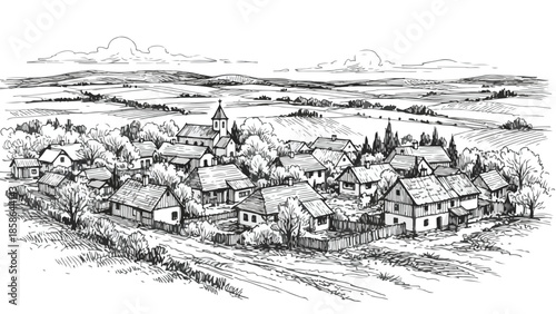 Landscape sketch of a rural village with traditional houses and rolling hills