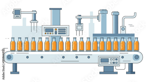 Automated industrial juice bottling plant showcasing a production line with numerous bottles of orange juice precisely moving along a modern conveyor belt system.