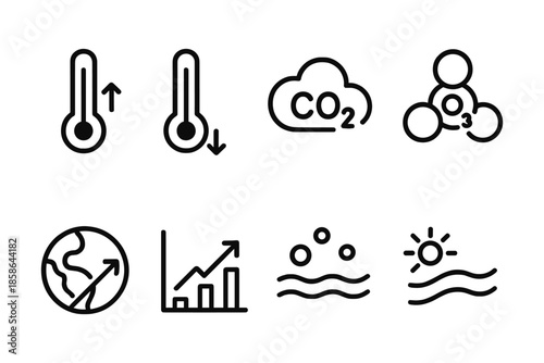 Climate change icons set: temperature, co2 levels, rising sea, ozone, earth impact