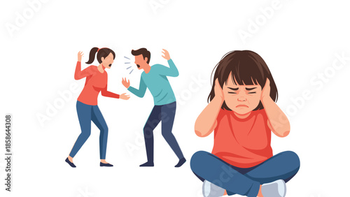 Distressed young girl covering her ears, clearly impacted by the visible argument between a man and woman in the background, illustrating the adverse effects of marital conflict on children.