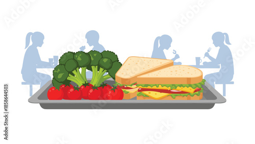 Healthy school lunch tray filled with a fresh sandwich, green broccoli, and red tomatoes, with blurred student silhouettes in the background, promoting nutritious meals.