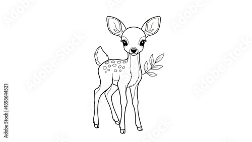 Adorable Cartoon Baby Deer Fawn Standing with a Leaf, Gentle Forest Animal Outline on Isolated White Background
