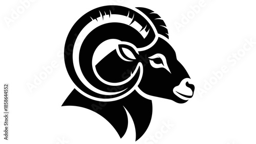 Detailed Ram Head Profile Silhouette, Majestic Horned Animal Design on Isolated White Background