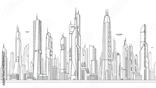 Linear arrangement of diverse modern city skyscrapers and urban buildings