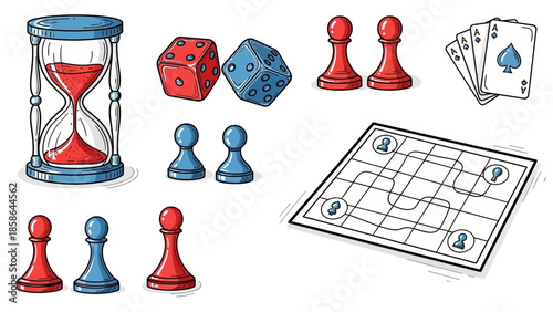 Collection of Hand-Drawn Board Game Elements and Accessories.