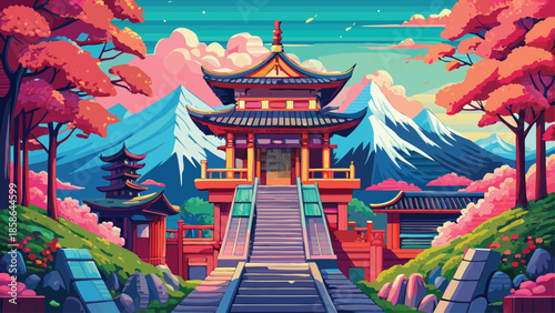 Vibrant Japanese Temple with Sakura Blossoms & Snow Mountains - Asian Cultural Landscape Scene